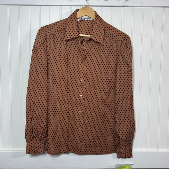 Lady Manhattan Tops - Lady Manhattan Vtg Blouse Twee Brown Polka Dot Button Up Long Sleeve Deadstock